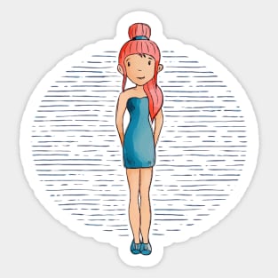 Cute girl with long red hair wearing a teal outfit and shoes. Sticker